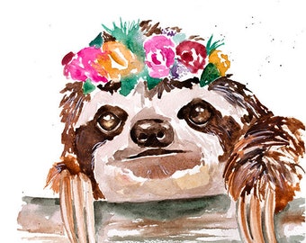 Flower Crown Sloth Art Print, Sloth Art, Sloth Watercolor, Watercolor Sloth, Slothlove. Sloth Gift