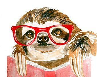 Reading Sloth, Hipster Sloth, Sloth Art Print, Sloth Art, Sloth Watercolor, Watercolor Sloth, Slothlove. Sloth Gift