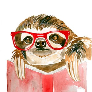 Reading Sloth, Hipster Sloth, Sloth Art Print, Sloth Art, Sloth Watercolor, Watercolor Sloth, Slothlove. Sloth Gift