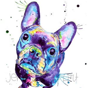 Colorful Black Frenchie Watercolor Art Print, French Bulldog