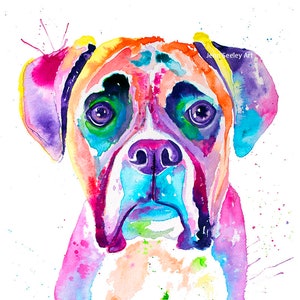 Boxer watercolor print, boxer dog, boxer dog gifts, boxer dog art, boxer painting, pet portrait, pet lover, perros, art deco, colorful dog image 1
