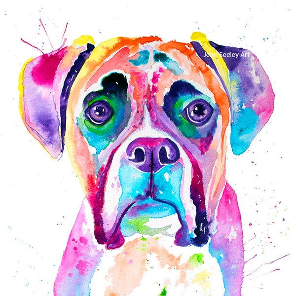 Boxer watercolor print, boxer dog, boxer dog gifts, boxer dog art, boxer painting, pet portrait, pet lover, perros, art deco, colorful dog