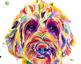 Impression colorée d’art coloré d’aquarelle de Mini Goldendoodle