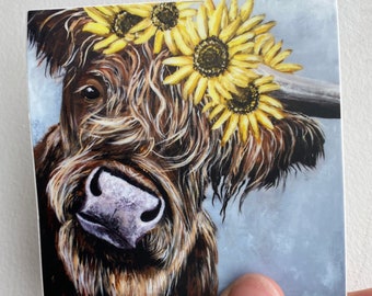 Highland Cow with Sunflowers sticker, 3 inch die-cut sticker