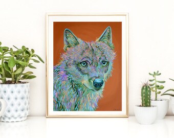 Coyote, colorful coyote, wolf, cabin, yellowstone, yosemite, park city, mountain animal, zoo, animal, art deco, nursey, lobo, acrylic art