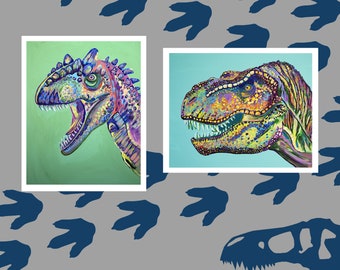 SALE BOGO50 Dinosaur Set of 2 Art Prints, T-Rex and Allosaurus Art Prints, Tyrannosaurus rex, dinosaur