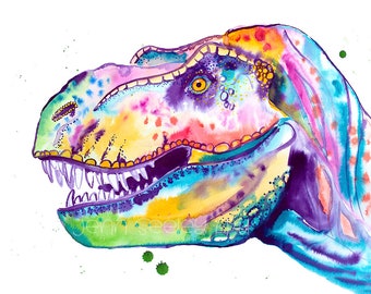 Watercolor T-Rex Art  Print, Tyrannosaurus rex, dinosaur, jurassic park, paleontologist, fossil, animal, nursery, fine art, t-rex, boys room