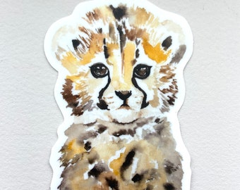 Baby Cheetah Watercolor Large Vinyl Sticker, 3 inch die-cut sticker