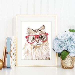 Hipster Cat, Watercolor Art, Nursery, Animals, Baby Animal Prints, Art Prints, Wall Decor, Pet Portrait, Cat, Hipster image 2