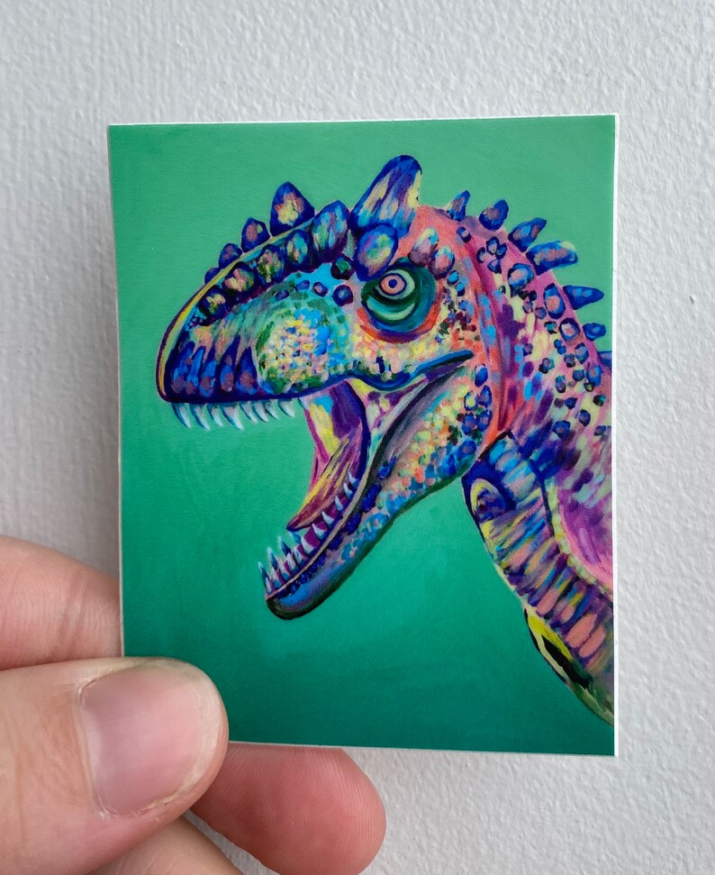 Colorful Allosaurus Dinosaur 2 x 3 inch die cut vinyl sticker image 1