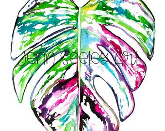 Aquarelle colorée Monstera Albo Peinture TÉLÉCHARGEMENT NUMÉRIQUE, Monstera