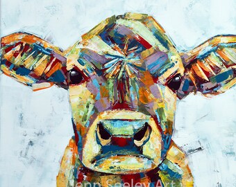 Coloful Baby Jersey Cow, Farm Animal Art, Fine Art, Watercolor Painting, Baby Art, Nursery, Print Art, Wall Decoration