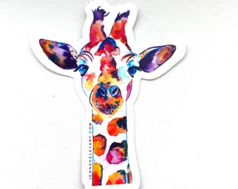 Colorful Giraffe Watercolor Large Vinyl Sticker, 3 inch die-cut sticker