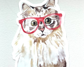 Cat with Glasses Large Vinyl Sticker, 3 inch die-cut sticker