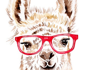 Hipster Llama, Watercolor Art, Nursery, Animals, Baby Animal Prints, Art Prints, Wall Decor, Pet Portrait, Llama, Hipster