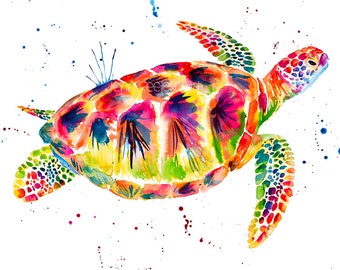 Colorful Sea Turtle Art Print, Sea Turtle Art, Sea Turtle Watercolor, Watercolor Sea Turtle