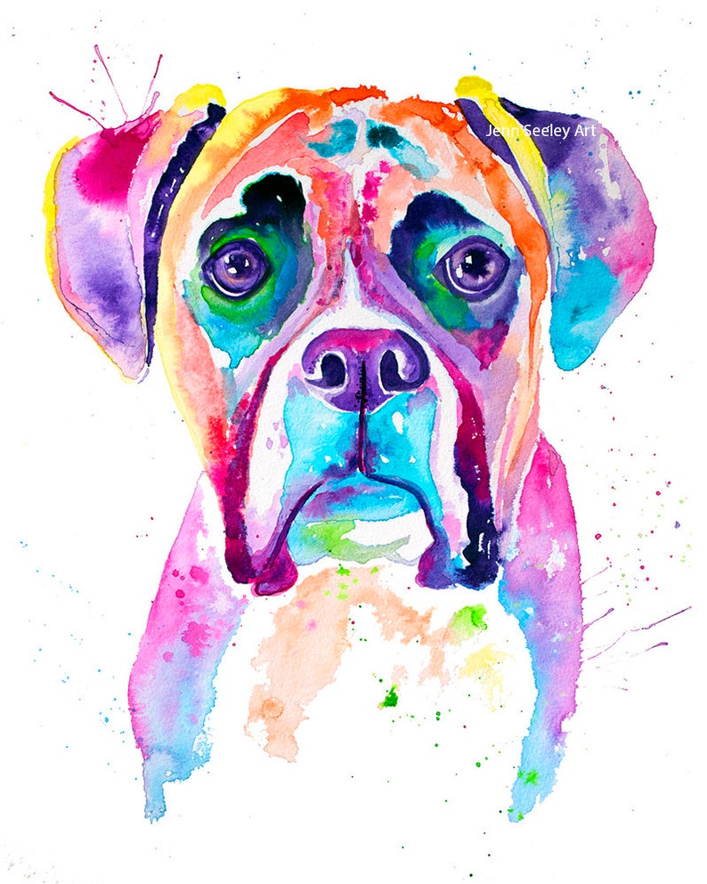 Boxer watercolor print, boxer dog, boxer dog gifts, boxer dog art, boxer painting, pet portrait, pet lover, perros, art deco, colorful dog image 1