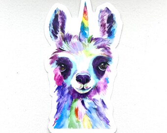 Colorful Unicorn Llama Watercolor Large Vinyl Sticker, 3 inch die-cut sticker