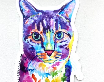Colorful Cat Watercolor Large Vinyl Sticker, 3 inch die-cut sticker