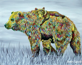 Maternal Bonds- Mom and Bear Cubs Art Print, Momma Bear, Bear Cubs, Nursery Art, Park City Art, Jenn Seeley, Bears