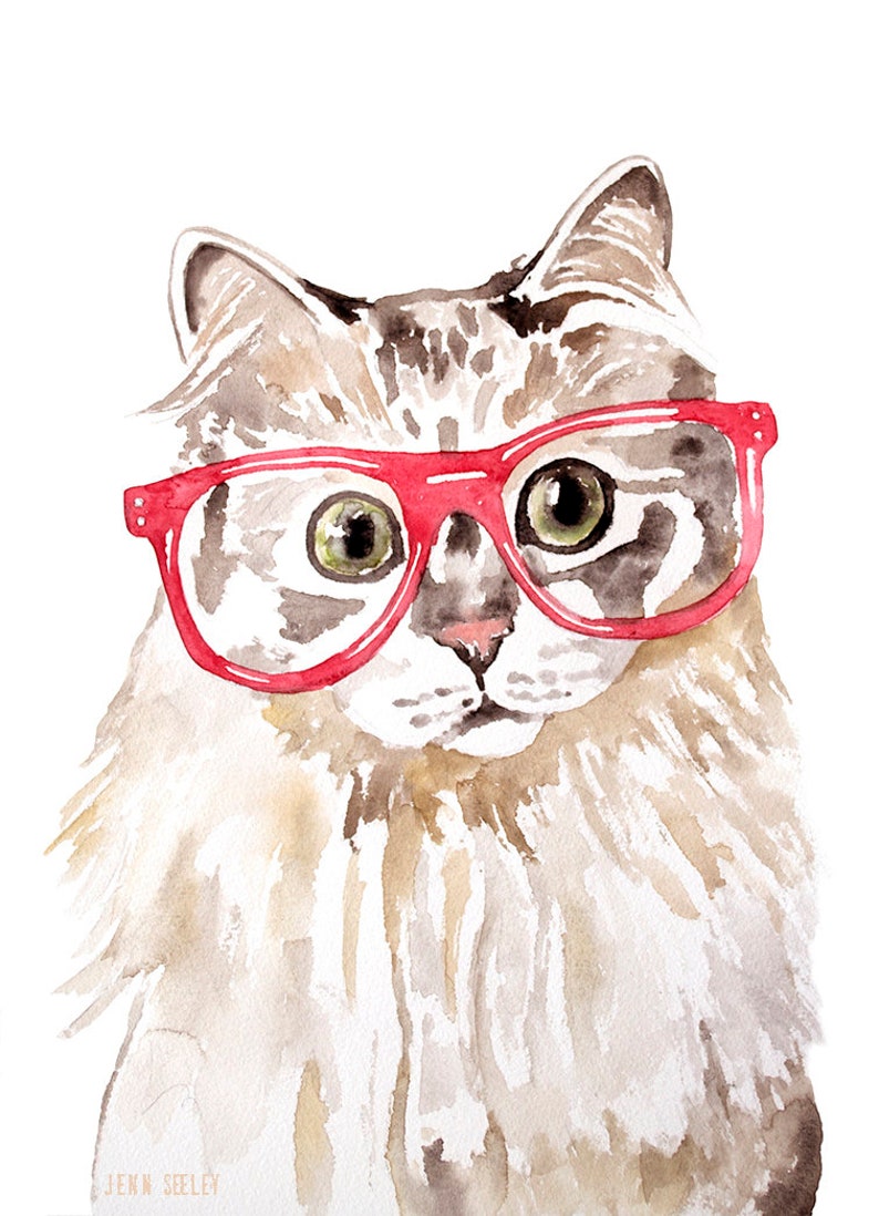 Hipster Cat, Watercolor Art, Nursery, Animals, Baby Animal Prints, Art Prints, Wall Decor, Pet Portrait, Cat, Hipster image 1