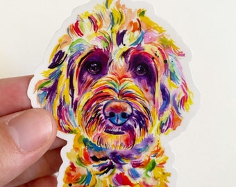 Colorful Watercolor golden doodle sticker, 3 inch die-cut sticker