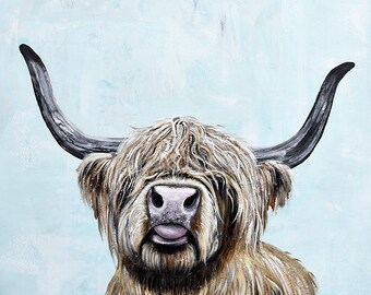 Silly Highland Cow with Tongue Out Watercolor Art Print