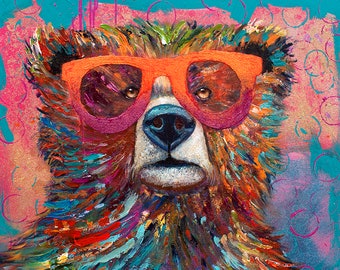 glitter bear with sunglasses, colorful acrylic bear painting, orange and pink bear, bear painting, bear decor, rainbow bear.