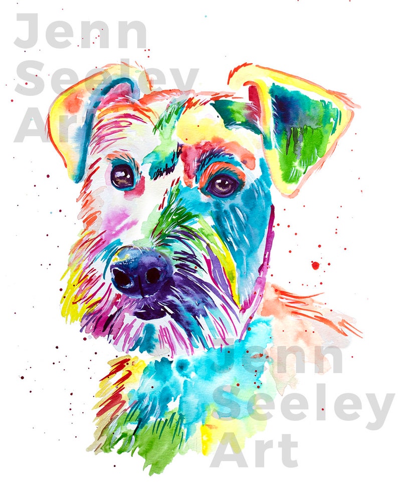 Colorful Miniature Schnauzer Watercolor Print, Dog Art, Fine Art, Watercolor Painting, Baby Art, Nursery, Pet Portrait, Print Art image 1