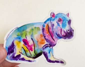 Colorful Watercolor Baby hippo sticker, 3 inch die-cut sticker