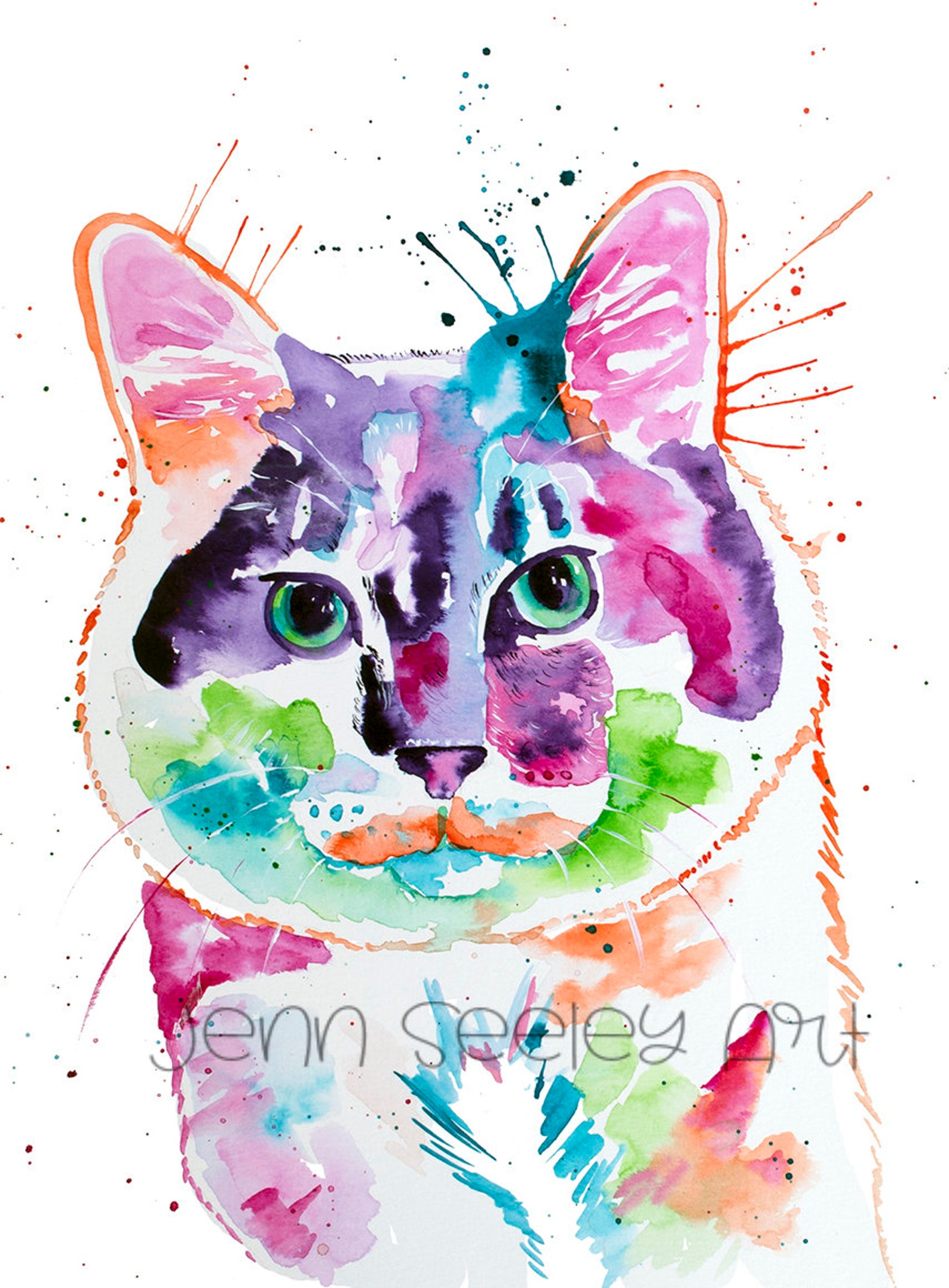 Colorful Fluffy Cat Watercolor Fine Art Print - Etsy