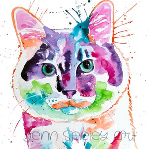 Colorful Fluffy Cat Watercolor Fine Art Print