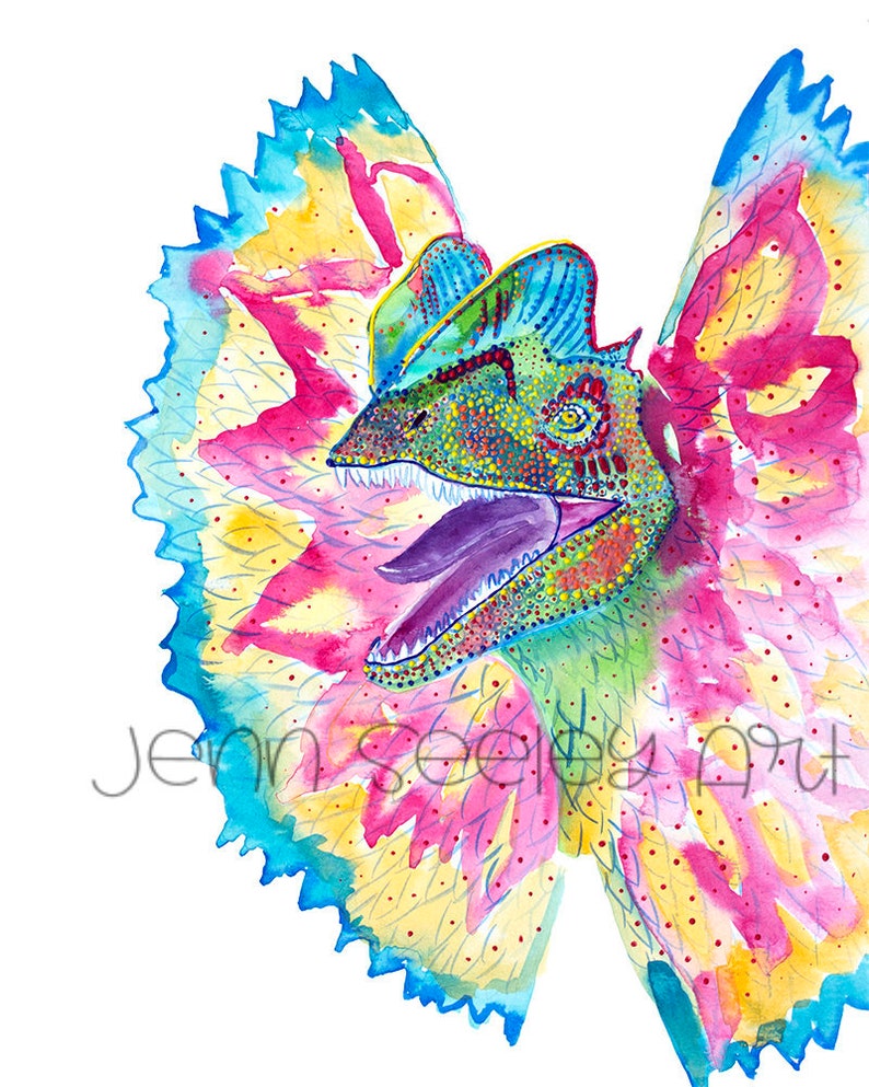 dilophosaurus watercolor Print, dilophosaurus, dinosaur, jurassic park, paleontologist, fossil, animal, nursery, fine art, boys room image 1