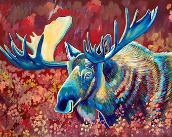 Autumn Moose, Colorful Moose Painting, Colorful Moose, Park City Moose, Moose Art, Woodland Nursery, Woodland Art, Colorful Animals,