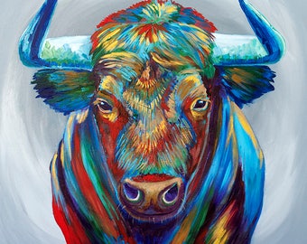 Aggie Bull, Colorful Bull, The Bear and the Bull, Texas, Park City Art, Jenn Seeley Art, Red Bull, Aggie Gift, Utah State University Aggies