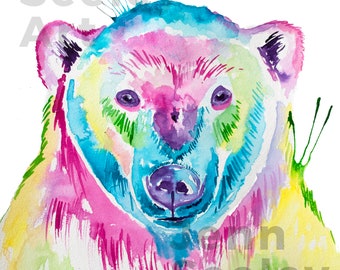 Impression aquarelle d’ours polaire, Cadeaux de chien, Art de l’ours polaire, Peinture à l’aquarelle, Hiver, Ours, Art déco, Ours polaire coloré