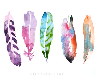 5 Colorful Watercolor Feather Art Print, watercolor print, watercolor feather, feather print
