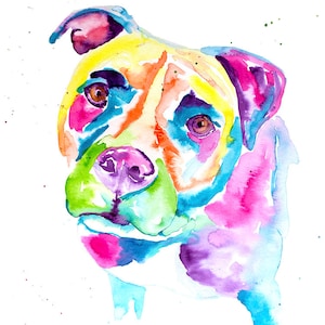 Pitbull Watercolor Print, Dog Gifts, Pitbull Art, Watercolor Painting, Pet Portrait, Pets, Art Deco, Colorful Dog