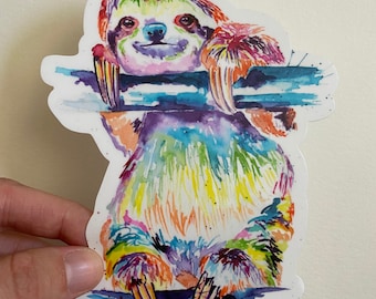 Extra Large Colorful Watercolor Sloth grand autocollant, 6 pouces die-cut autocollant