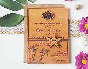 Engraved Wood Wedding Invitation, Starfish Seashell Detail
