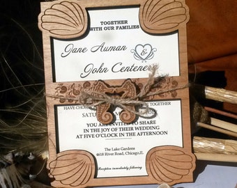 Nautical Wood Wedding Invitation, Beach Destination, Rustic Cherry Wood