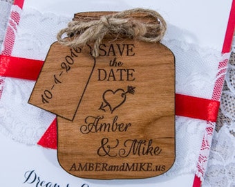 Mason Jar Save the Date Magnet, Engraved Wooden Wedding Announcement, Rustic Personalized Invite
