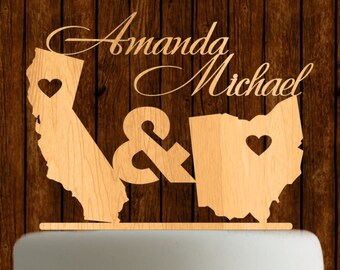 State Love Silhouette Wedding Cake Topper, Cherry Wood