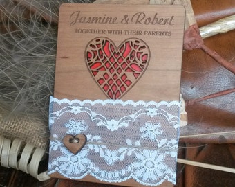 Faire-part de mariage rustique en bois avec coeur découpé, dentelle, faire-part personnalisé découpé au laser