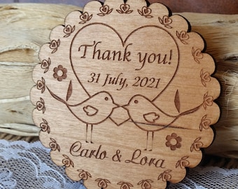 Custom Wedding Favor Birds Thank you Magnet, Kraft  Rustic favour, Unique cards Set of 10, Laser cut gifts for Weddin Guests,  Editable tags