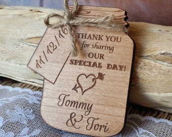 Mason Jar Wooden Thank You Magnet, Rustic Card with Twine Bow, Personalized Favor