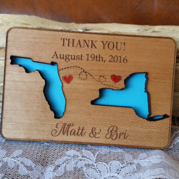 Rustic State Wooden Thank You Card, Engraved Wedding Favor