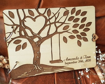 Libro de firmas de boda de madera personalizado, diseño rústico de árbol.