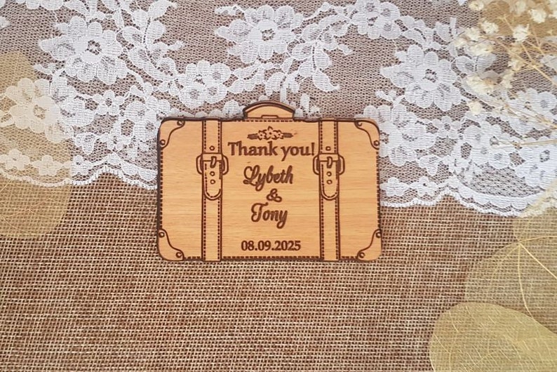 wedding thank you card Wooden thank you magnet cards unique wedding thank you magnets suitcase thank you cards rustik thank you card