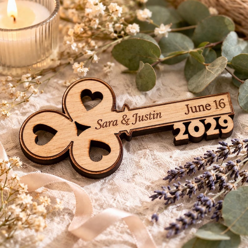 May include: Wooden key-shaped wedding favor with the names "Sara & Justin" and the date "June 16 2029" engraved on it. The key has heart-shaped cutouts and a dark brown border. The background includes flowers and a lit candle.